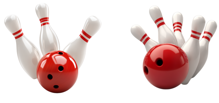 3d cartoon bowling ball striking pins, transparent background