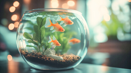 Goldfish swim gracefully in a round aquarium filled with pebbles and aquatic plants, creating a serene indoor environment