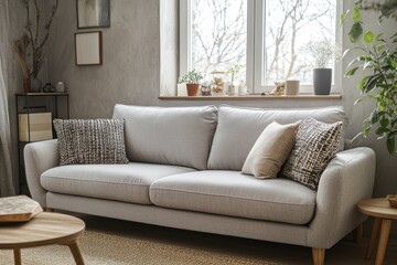 Fototapeta premium Light grey sofa in minimalist living room with window and plants.
