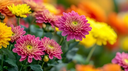 Bright chrysanthemum flowers blooming in vibrant autumn garden scene