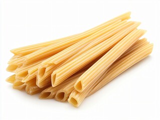 Penne Pasta Still Life: A Close-Up of Raw, Ridged Italian Macaroni on a White Background