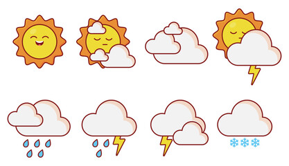 Set of weather icons vector illustration. Cartoon clouds, variable cloudiness, rain, sun. Stickers with sun, thunderstorm and snowfall images