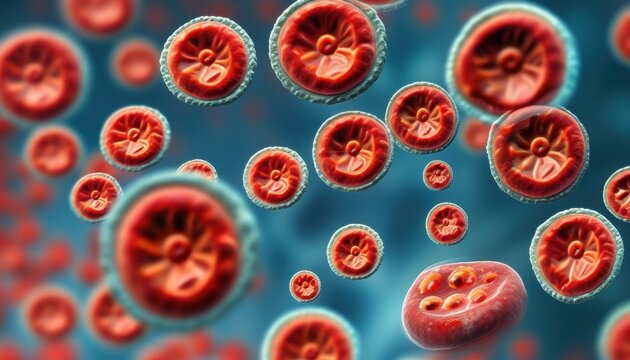 High fidelity macro of blood drop highlighting parasite presence for medical study. Blood drop parasite