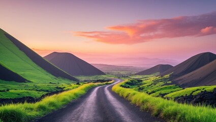 Obraz premium A Winding Dirt Road Through Lush Green Volcanic Hills at Sunset.