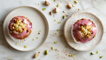 Top view of raspberry pistachio muffins on plates with copy space for text