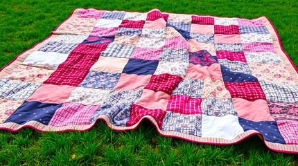 A patchwork quilt spread out on the grass