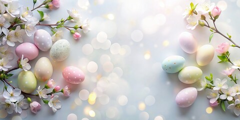 Obraz premium Easter Egg Hunt Love Story: Delicate Pastel Eggs & Spring Blossoms Flat Lay
