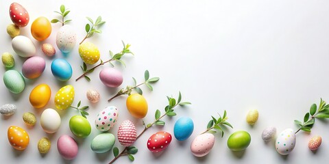 Obraz premium Easter Egg Trail Flat Lay: Colorful Eggs & Spring Decor on White Background