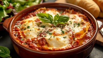 Close up of savory crockpot ravioli lasagna with layers of cheese and marinara, fresh basil