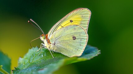 Beautiful butterfly resting on green leaf in natural setting