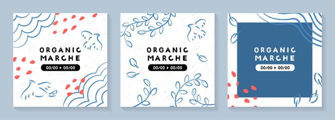 手描きの鳥と植物のイラストのテンプレートセット_1