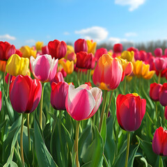 Vibrant Tulip Field: Spring Flowers Image isolated on transparent background