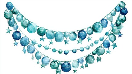Decorative watercolor garland with various blue and green round shapes, stars, and festive elements for celebrations and events