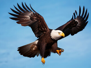 Fototapeta premium Majestic Bald Eagle in Flight with Wings Spread Wide Against a Clear Sky
