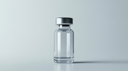 Clear Glass Medical Vial with Silver Cap on Minimalist Background for Pharmaceuticals Display