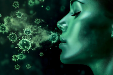 A green-tinted profile of a woman exhaling, with virus-like particles floating around, symbolizing health and disease.