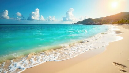 Fototapeta premium Sun-drenched sand, turquoise waves gently lapping shore, sunlit, scenic, tropical beach