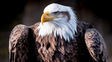 Fototapeta premium Majestic Bald Eagle Close-Up Portrait with Piercing Eyes and Dramatic Lighting