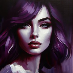 Fototapeta premium A portrait of a woman with plum purple hair set against a dark p