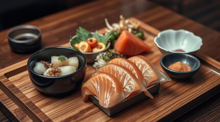 Assorted raw fish and vegetable delicacies presented on a textured wooden tray. Exquisite culinary experience.