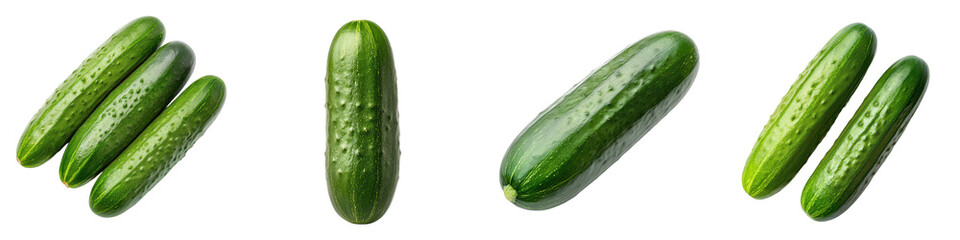 Fresh crisp green cucumbers on a plain white background  These healthy organic vegetable produce were harvested from a garden or farm showcasing their natural pure and unprocessed state