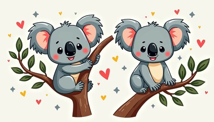 Naklejka premium Adorable Cartoon Koala Bears Posing On Brown Tree Branches
