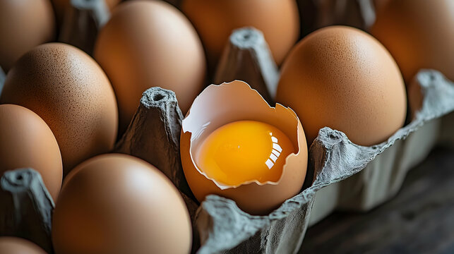 A close-up of a carton of eggs, featuring one cracked egg with a bright yellow yolk, surrounded by uncracked brown eggs.