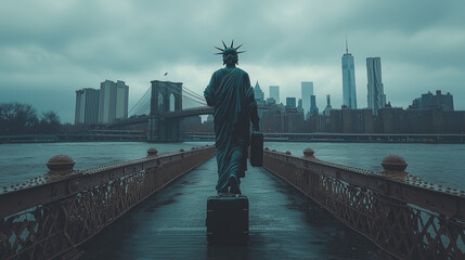 The Statue of Liberty departs New York City: A moody cityscape view of a iconic landmark traveling away from the city, leaving behind the Brooklyn Bridge and the Manhattan skyline.