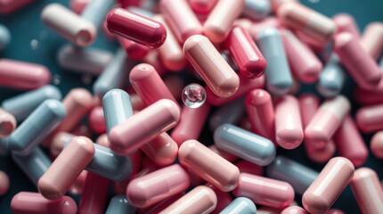 Pile of pink, red and blue pills capsules lying scattered on a blue surface in a medical setting.