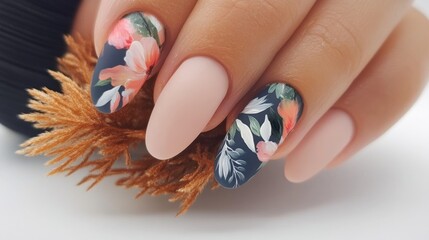 Long almond-shaped nails showcase a blend of matte and glossy finishes with vibrant floral designs on a dark background, highlighting nail artistry