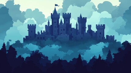 Fototapeta premium Blue Silhouette Castle in Misty Mountains