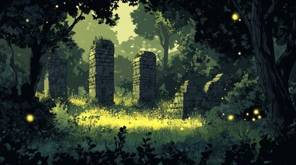 Enchanted Forest Ruins at Night