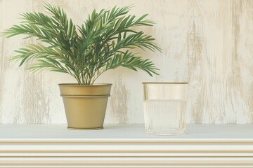 A desk setup featuring a geometric organization system, a glass of water, and a plant, emphasizing clarity and focus.