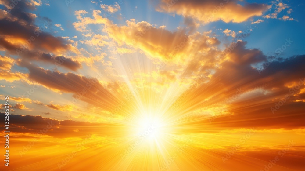 Poster a stunning sunset with rays of sunlight piercing through colorful clouds, creating a vibrant and war