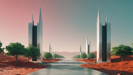 Futuristic Image of Red Planet with Modern Buildings and Green Trees for Human Beings.