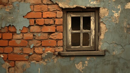 Weathered Brick Wall with Crumbling Paint and Old Window Framing Rustic Urban Charm