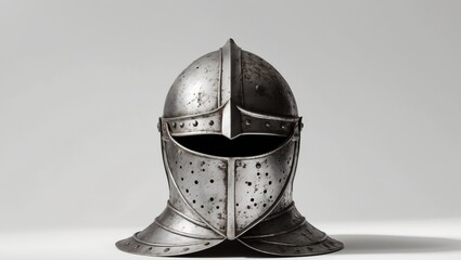 Vintage medieval knight helmet displayed on a white backdrop showcasing intricate design and weathered texture.