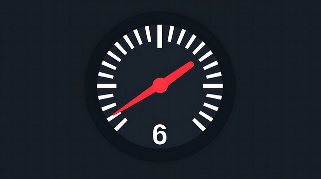 Simple, round, dark speedometer gauge, red pointer indicating six