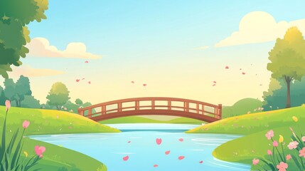 Peaceful River Landscape with Wooden Bridge and Pink Flowers