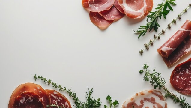 Artfully arranged selection of cured meats with fresh herbs and spices