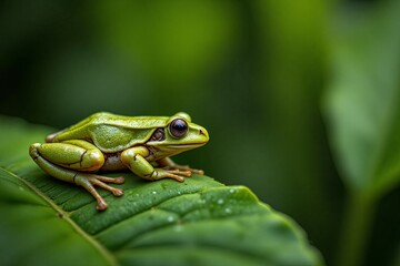 Naklejka premium A small green frog rests upon a large leafy surface