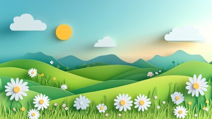 Fototapeta premium Paper Art Landscape with Daisies and Rolling Hills