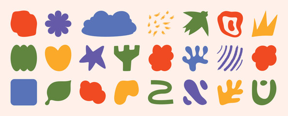 Set of abstract organic shapes vector. Collection of contemporary figure, cloud, flower, sparkle, geometric shape in funky groovy. Cute hippie design element perfect for banner, print, stickers. 