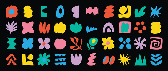 Set of abstract organic shapes vector. Collection of contemporary figure, cloud, flower, sparkle, geometric shape in funky groovy. Cute hippie design element perfect for banner, print, stickers. 