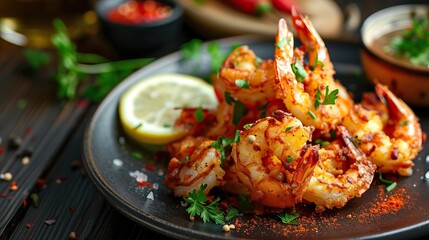 Fototapeta premium Juicy shrimp garnished with herbs and lemon on a dark plate, creating a vibrant and appetizing seafood dish.