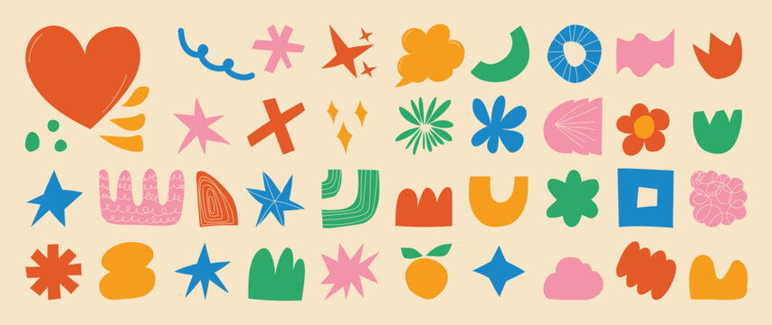 Naklejki Set of abstract organic shapes vector. Collection of contemporary figure, cloud, flower, sparkle, geometric shape in funky groovy. Cute hippie design element perfect for banner, print, stickers. 