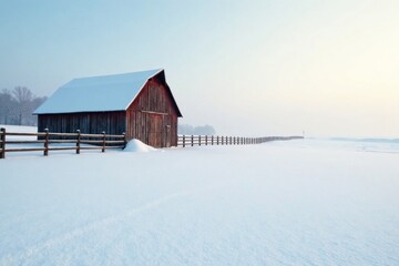 Serene Winter Landscape A Rustic Barn Stands Solitary Beside a Snow-Covered Fence Extending into a Hazy Horizon