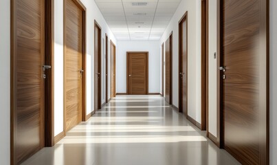 Obraz premium Long hallway with wood doors and bright sunlight.