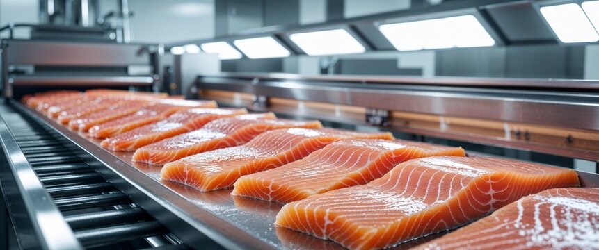 Fresh salmon fillet on production line in modern seafood processing facility