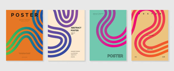 Abstract line wave poster background vector set. Minimalist cover template with vibrant perspective line wave in motion. Ideal design for social media, cover, banner, flyer, music, ads.